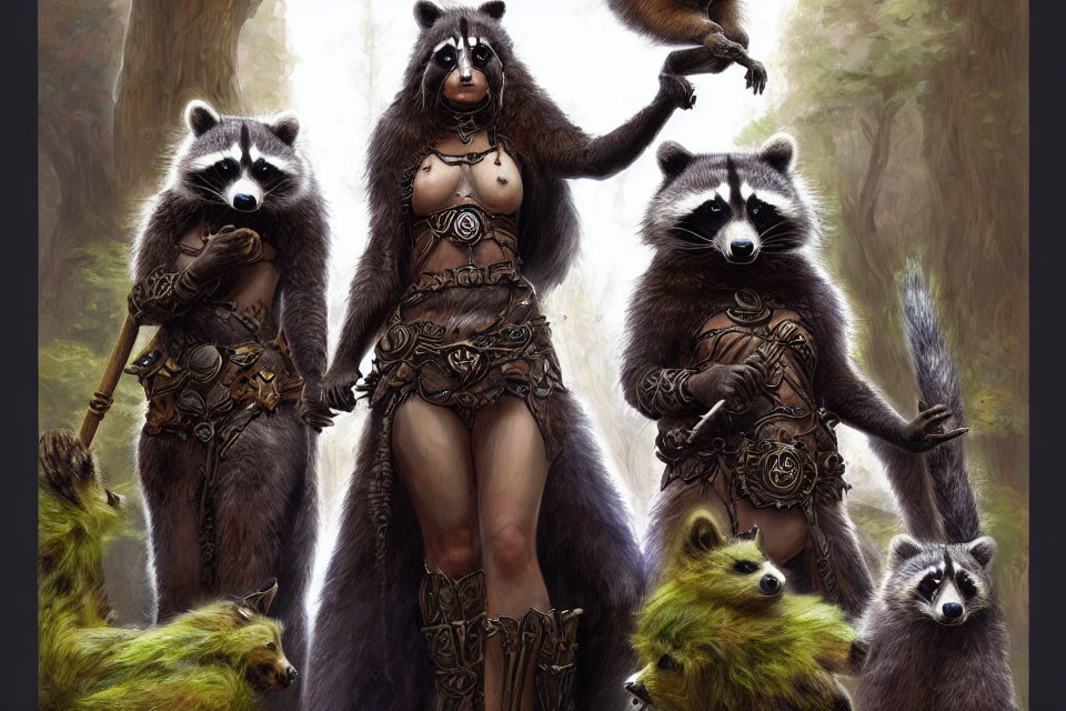 Fantasy woodland scene with anthropomorphic raccoons in tribal attire