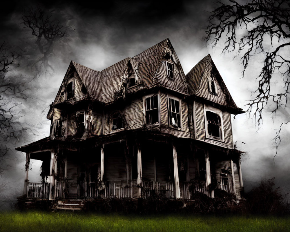 Eerie Victorian house with twisted trees under dark sky
