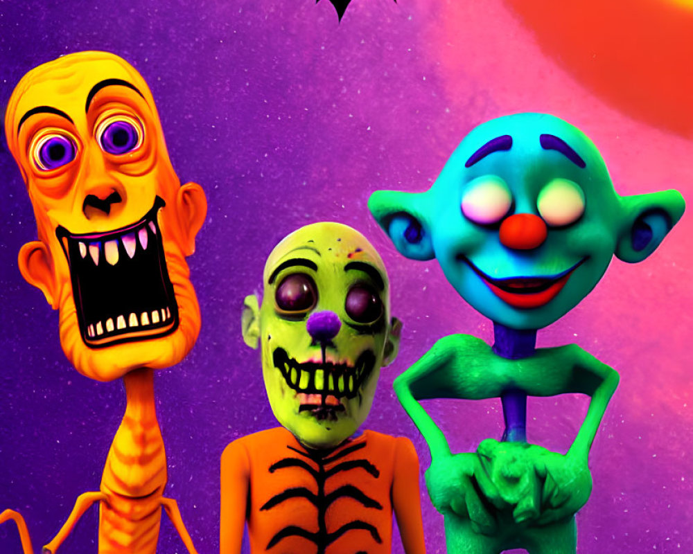 Colorful Cartoon Monsters with Exaggerated Expressions Under Spooky Sky