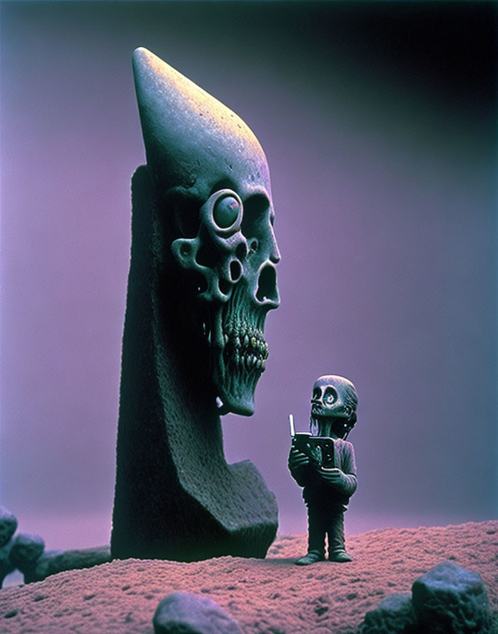 Large skull with smaller figure holding skull in purplish landscape