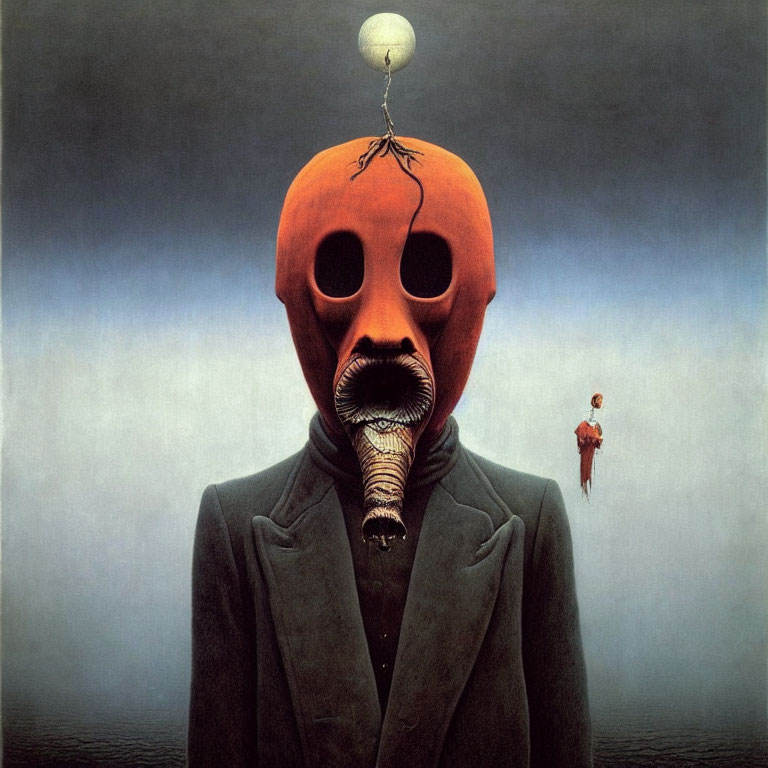 Surreal painting: elephant trunk figure with red balloon head, small person under gray sky
