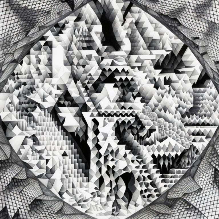 Abstract Black and White Geometric Art with Fractal-like 3D Pattern