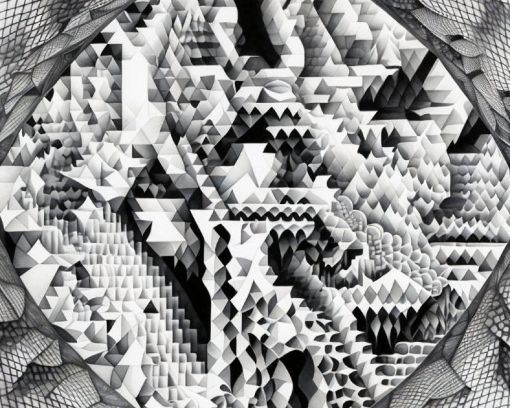 Abstract Black and White Geometric Art with Fractal-like 3D Pattern