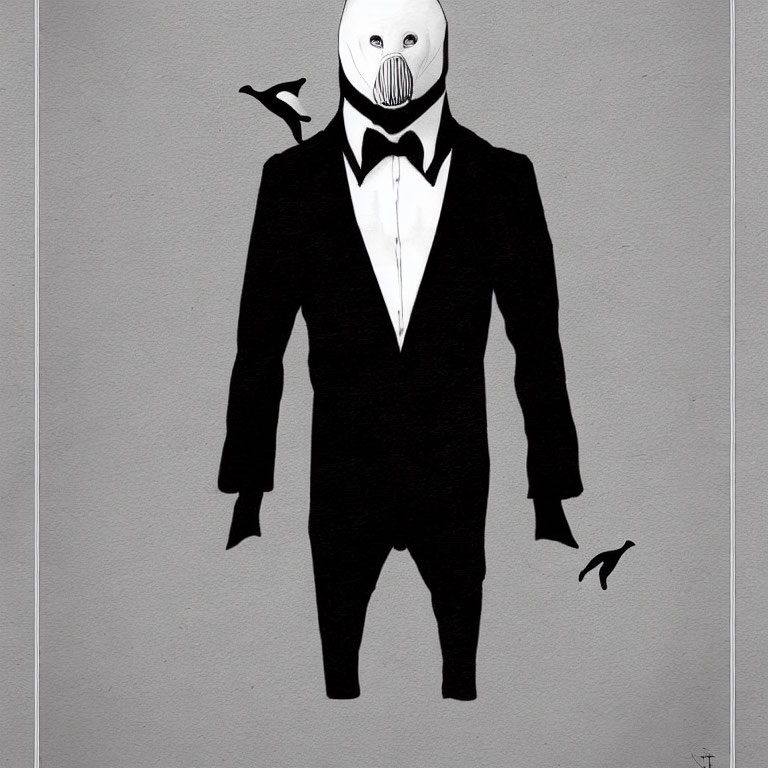 Surreal illustration: Figure in suit with bird-like mask, birds in flight, textured grey background