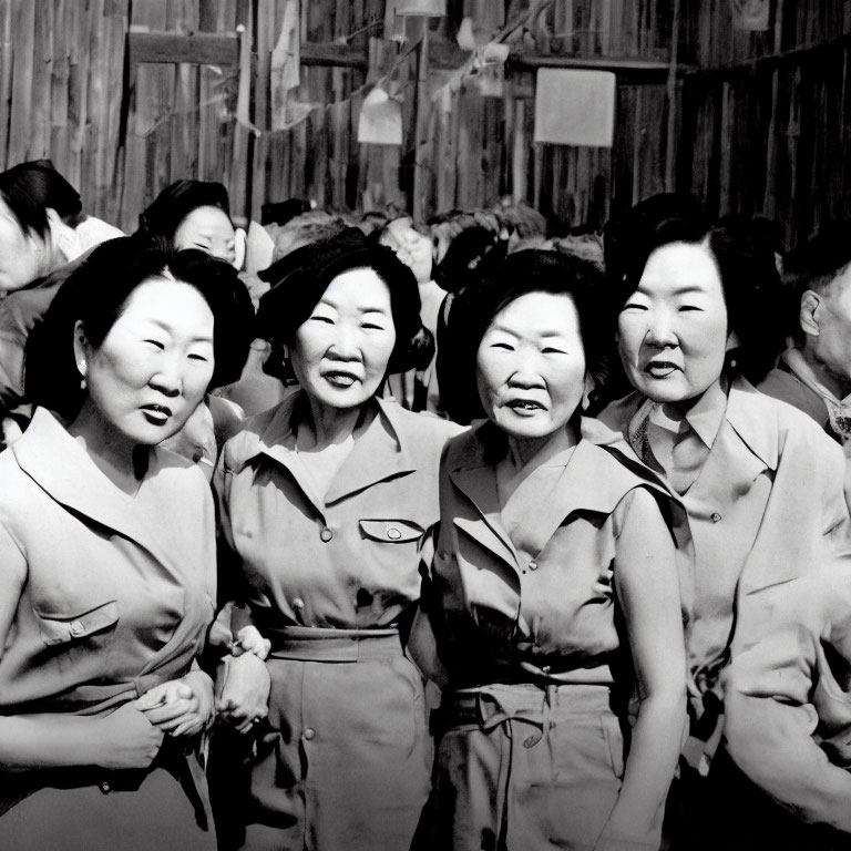 Group of women in matching outfits at social event captured in black and white.