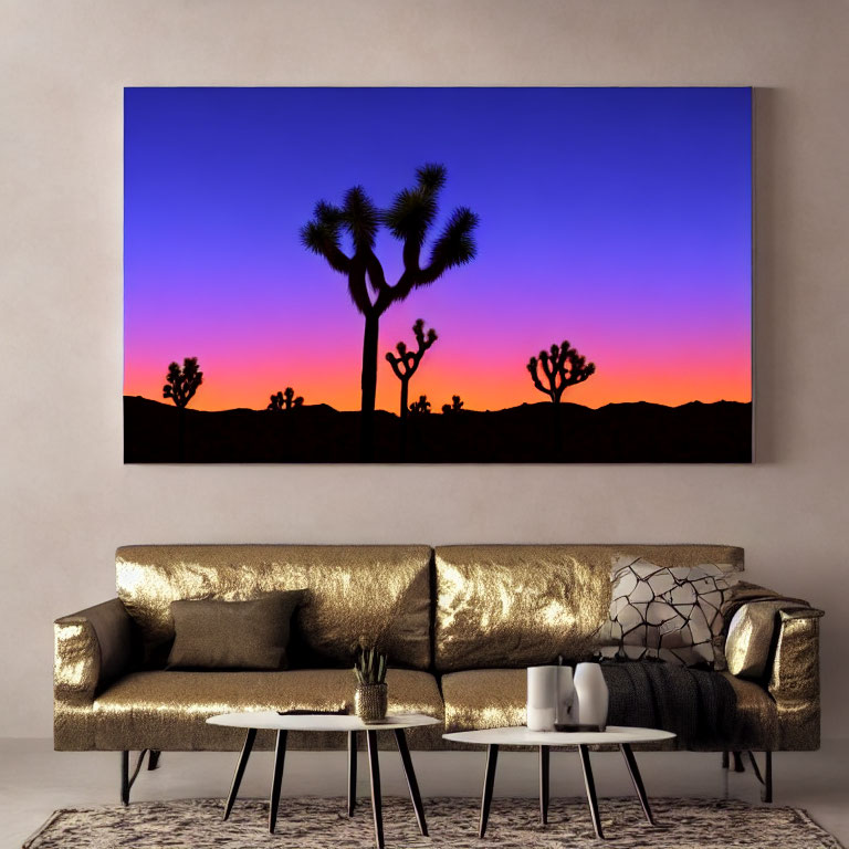 Desert Scene Canvas with Joshua Trees and Sunset Above Gold Sofa