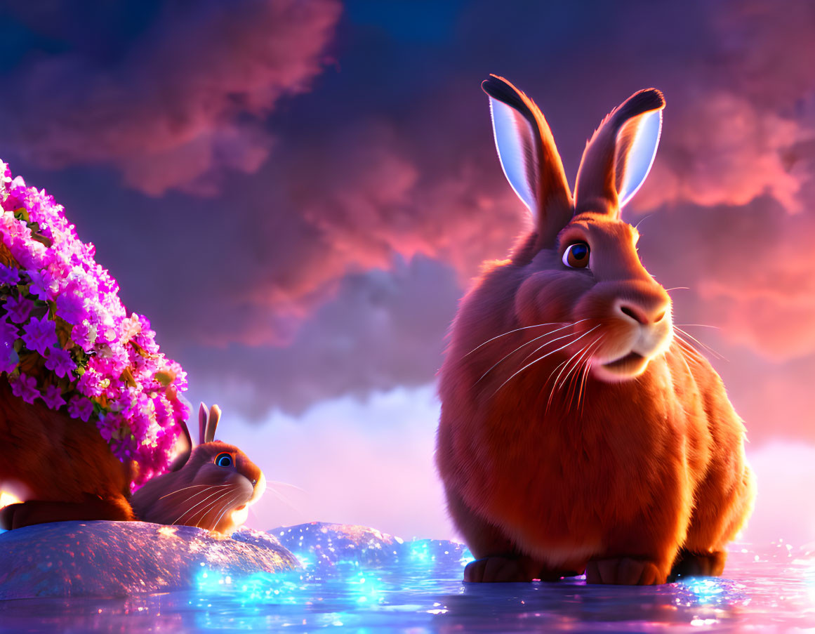 Two rabbits with purple flowers under vibrant sunset sky