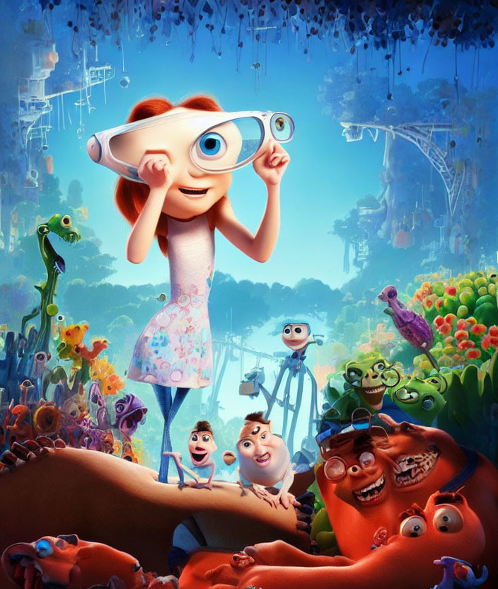 Young girl with binoculars and whimsical creatures in vibrant landscape