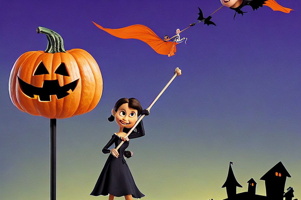 Animated Halloween Scene with Smiling Pumpkin, Witch Character, and Flying Witches