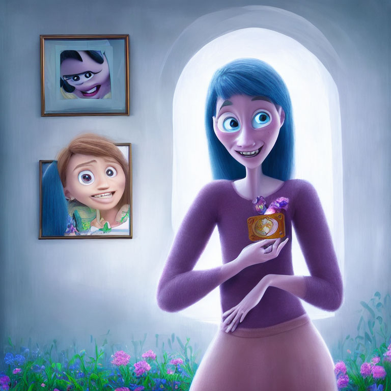 Blue-skinned animated woman holding clock in purplish room with framed portraits