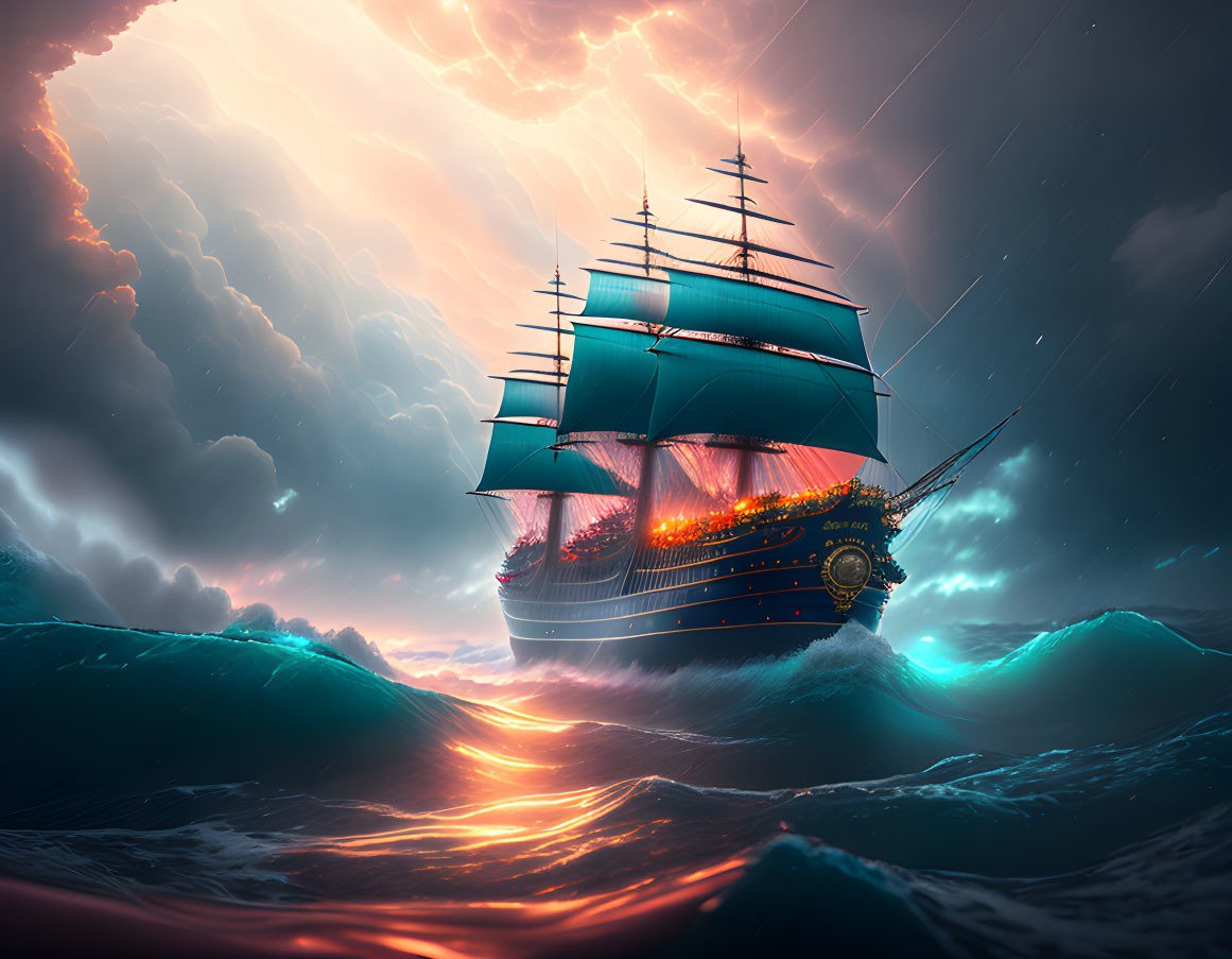 Majestic ship with illuminated sails on stormy sea under orange sky