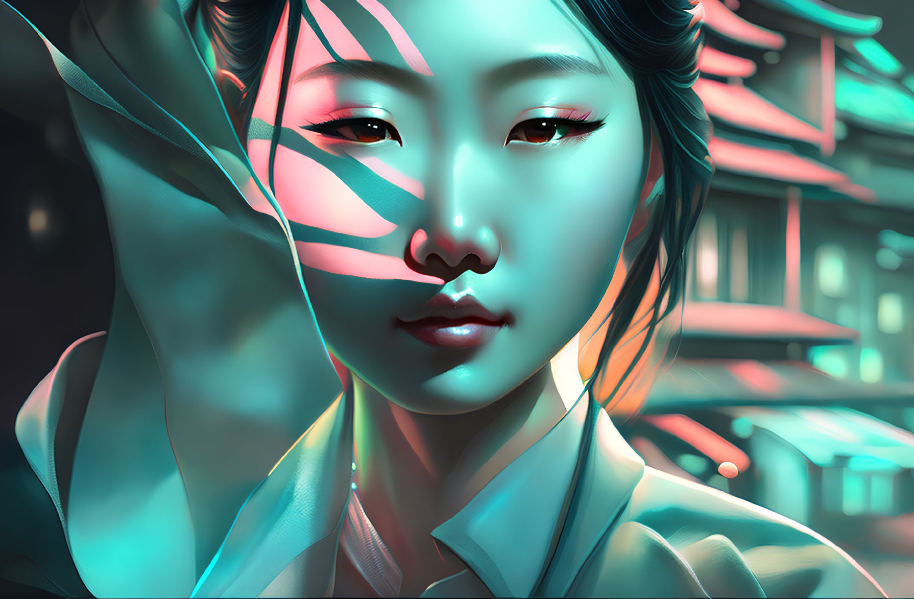 Futuristic digital artwork of woman with cyan neon lighting in cyberpunk setting