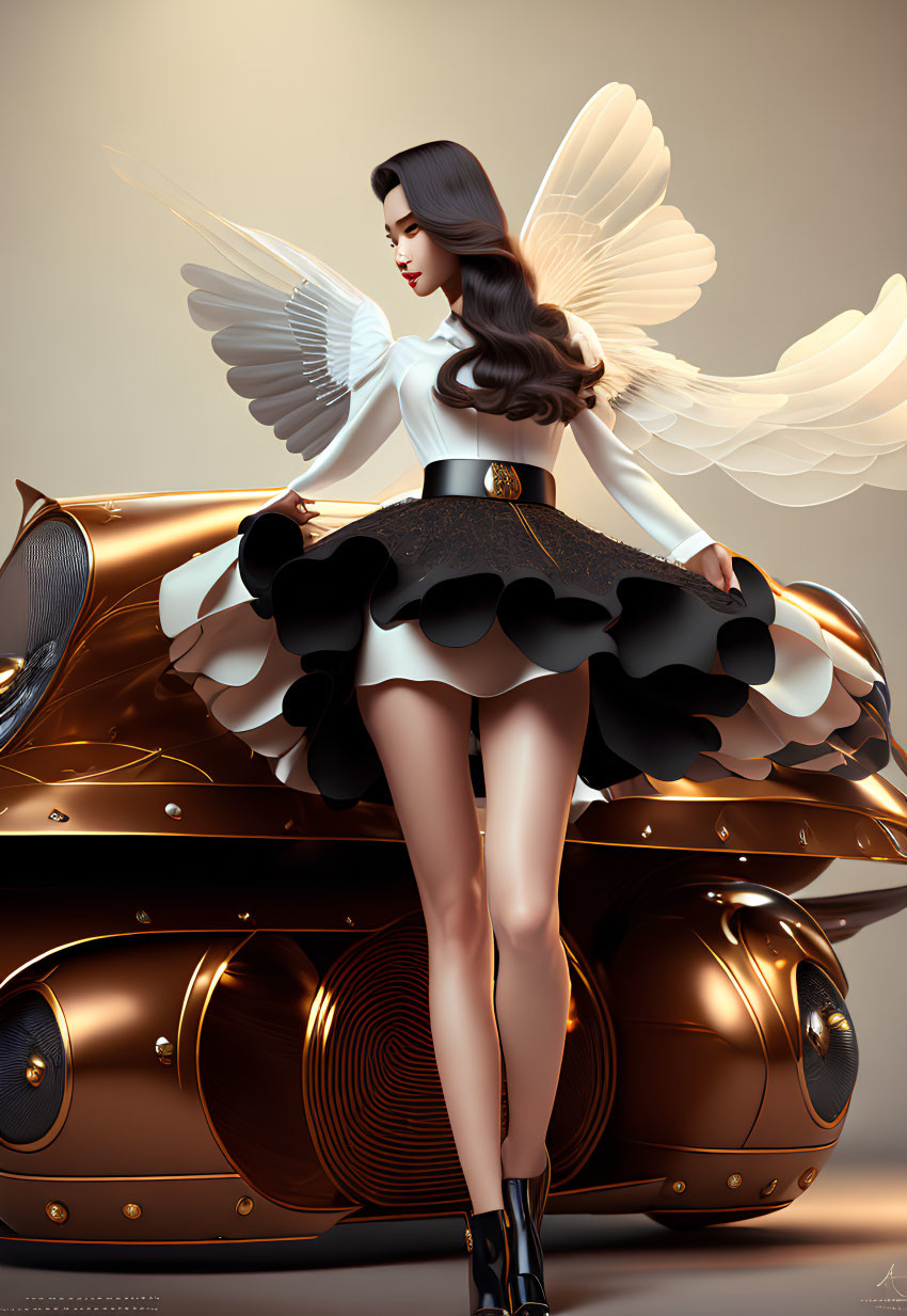 Stylized artistic image of a winged woman with vintage car