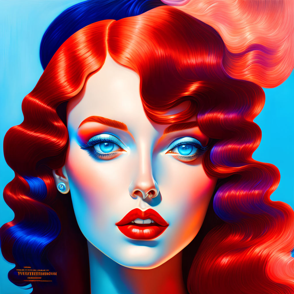 Colorful digital portrait of a woman with blue eyes and vibrant red and blue hair, bold makeup,