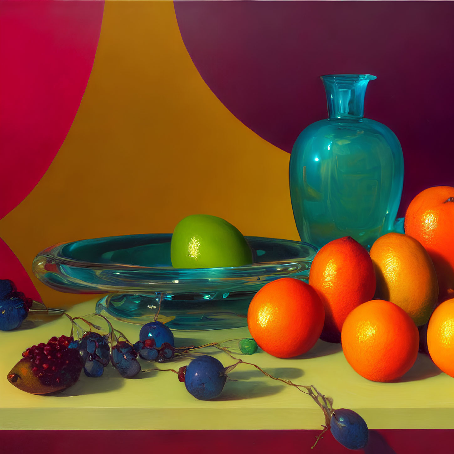 Vibrant fruit still life with blue vase and dish on yellow and red background