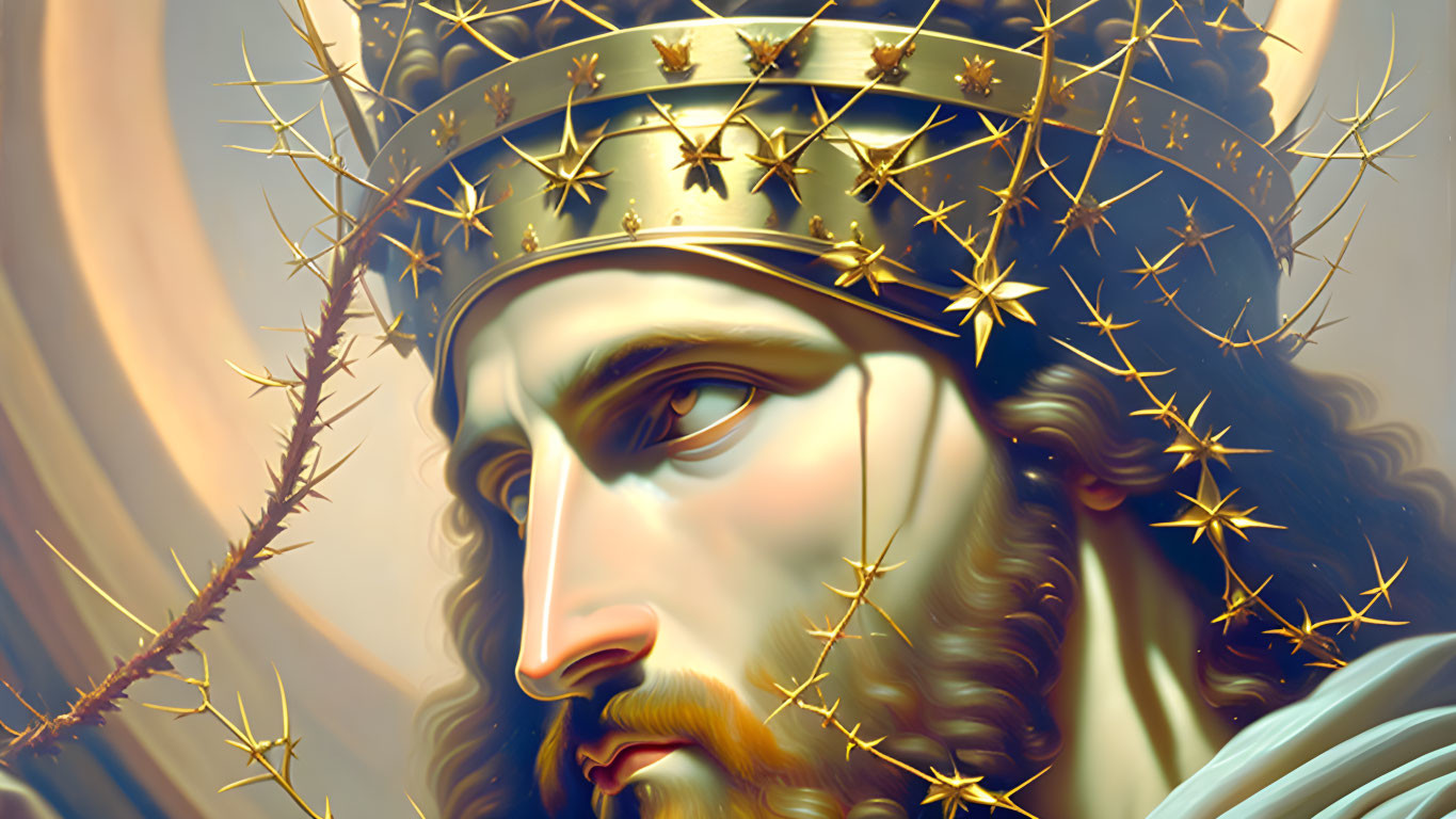 Detailed Illustration: Regal Male Figure with Crown of Thorns and Stars, Prominent Facial Hair