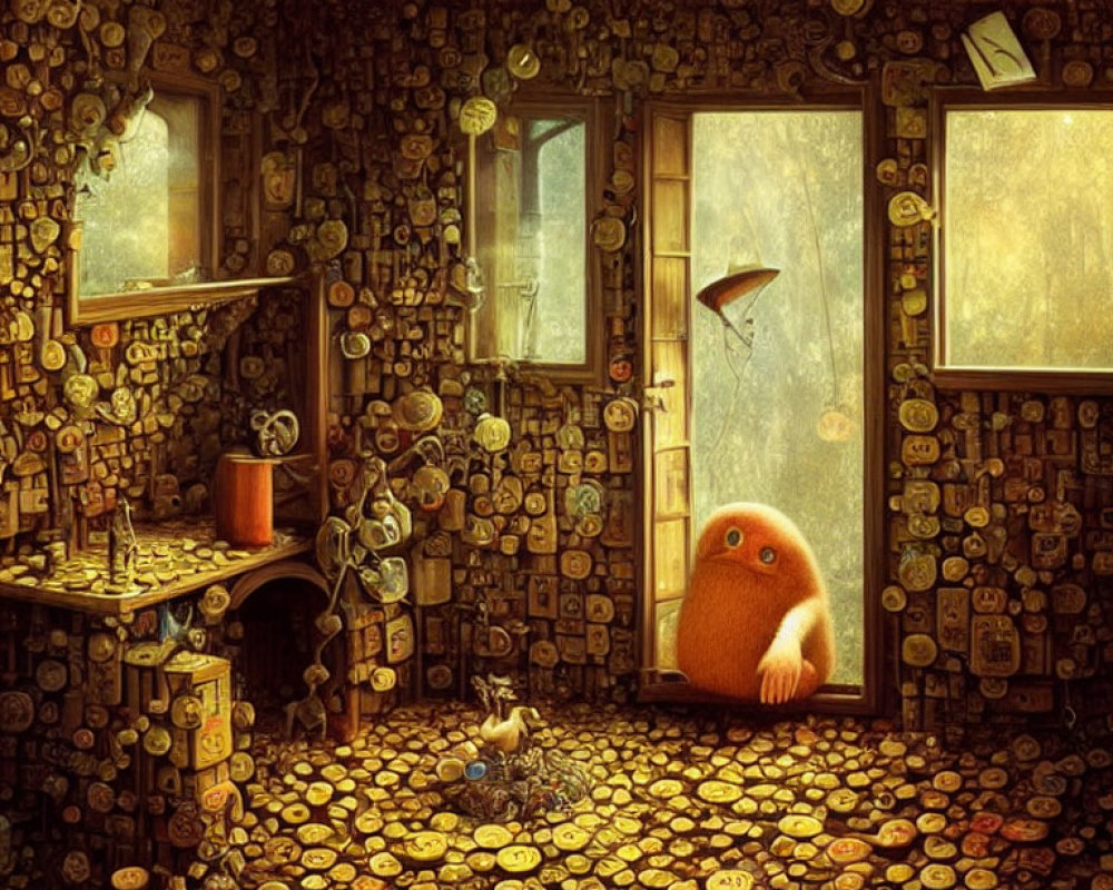 Room adorned with coin-covered walls and orange plush creature by table in sunlight.