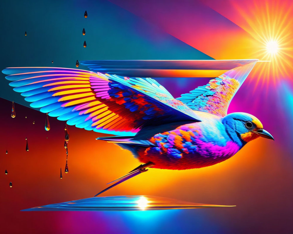 Colorful digital artwork: Blue bird in flight with vibrant wings, surreal background.