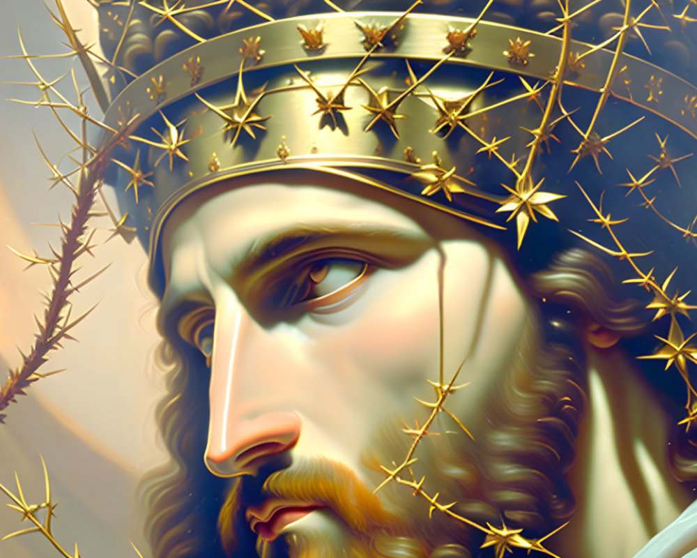 Detailed Illustration: Regal Male Figure with Crown of Thorns and Stars, Prominent Facial Hair