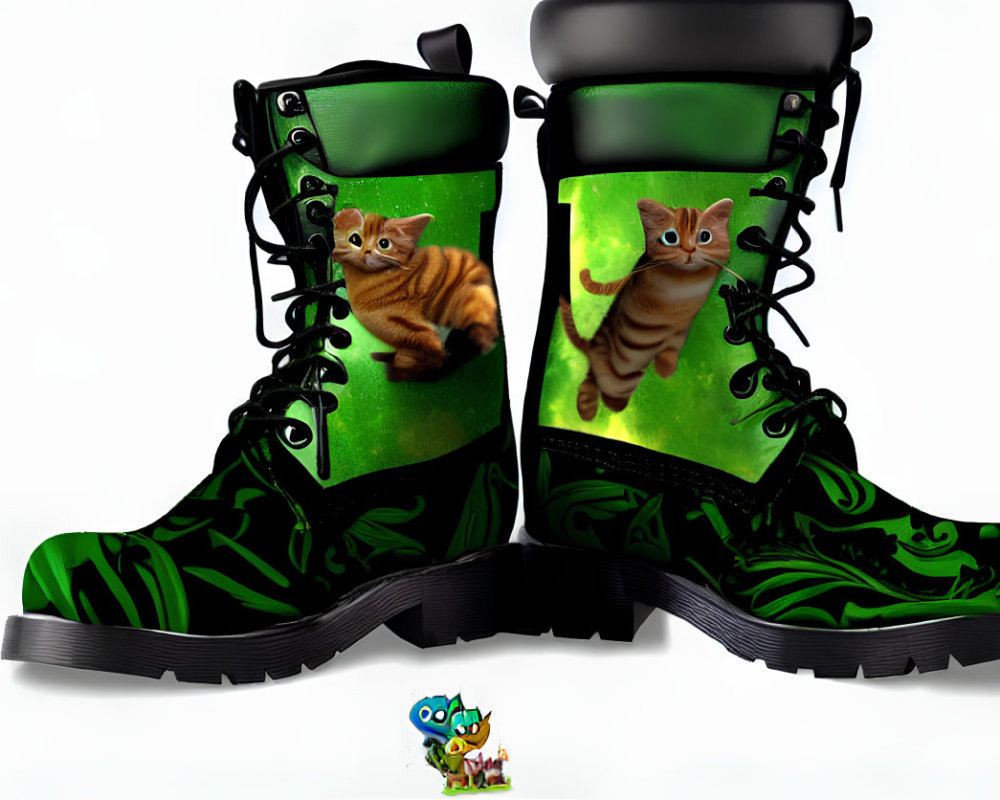 Green and Black Boots with Kitten Images and Toy Figure Displayed
