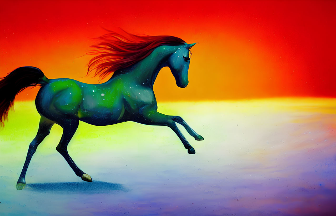 Colorful illustration of green horse galloping on gradient background