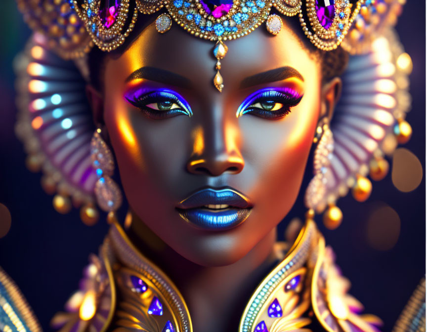 Vivid digital portrait of woman with blue makeup and ornate headdress