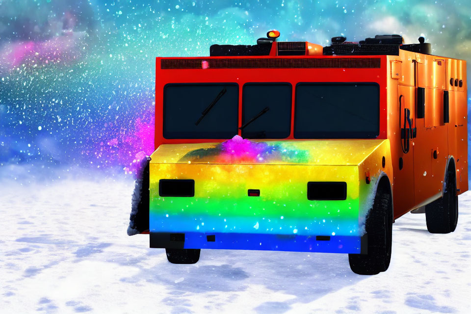 Rainbow-painted orange vehicle in snowy landscape with colorful stars