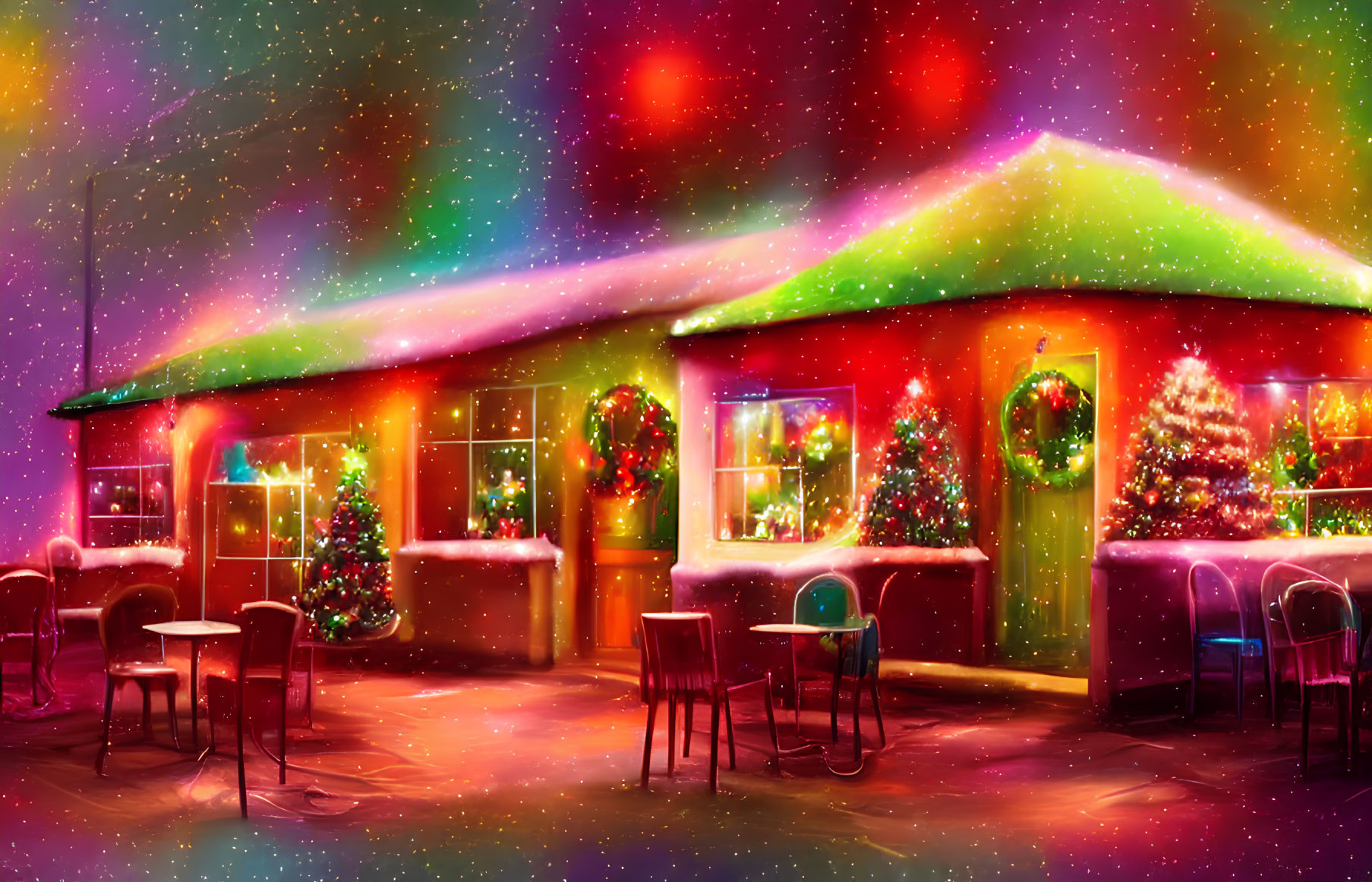 Festive Christmas house with lights under starry sky