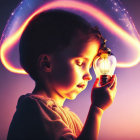 Child admires glowing lightbulb with "MOM" filament in neon halo on purple background