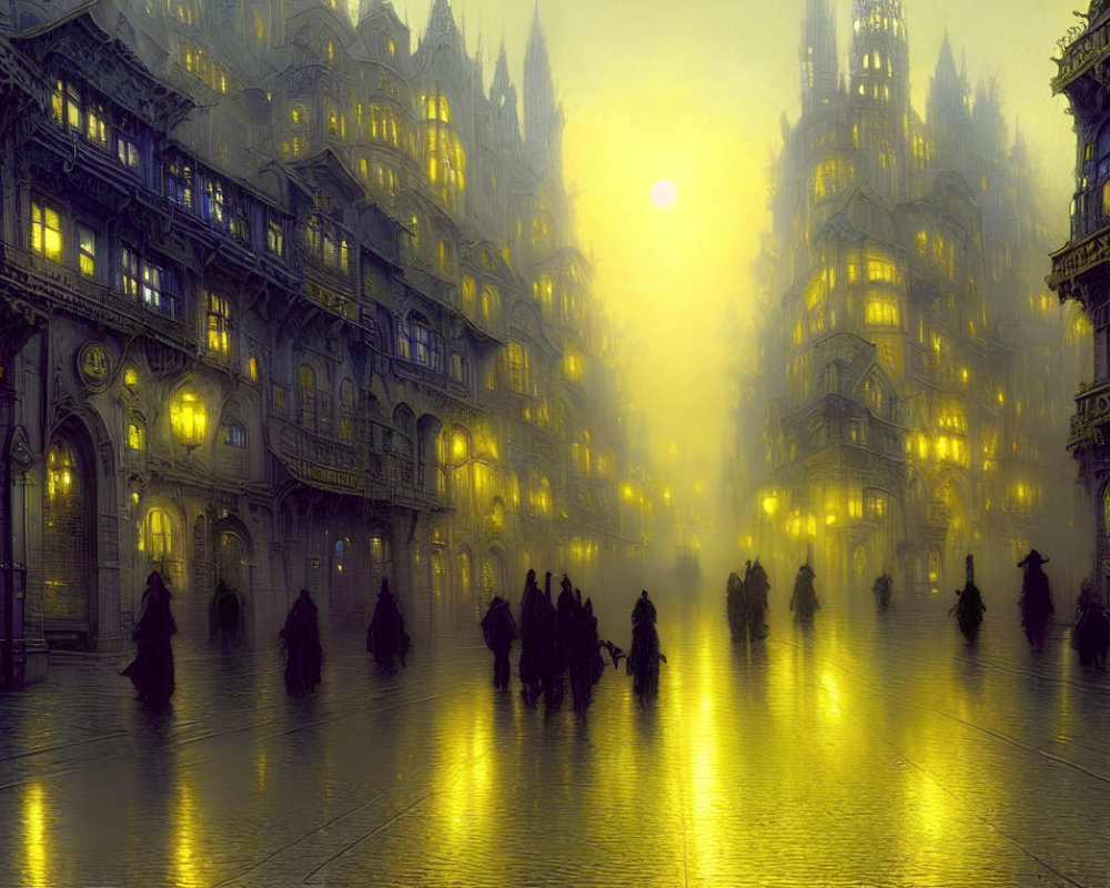 Misty twilight cityscape with silhouetted figures and Gothic buildings