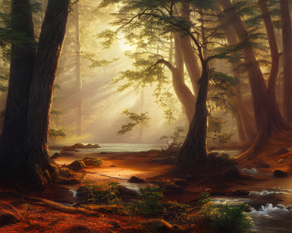 Tranquil forest landscape with sunlight, mist, stream, and foliage