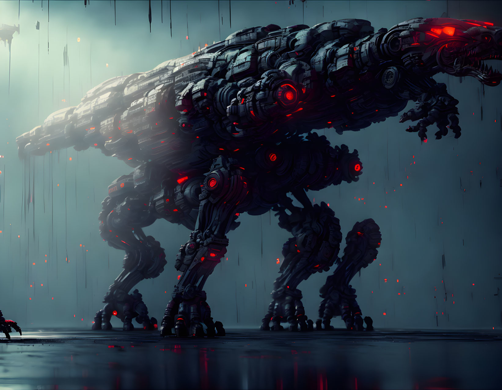 Large mechanical panther-like creature with red eyes in the rain