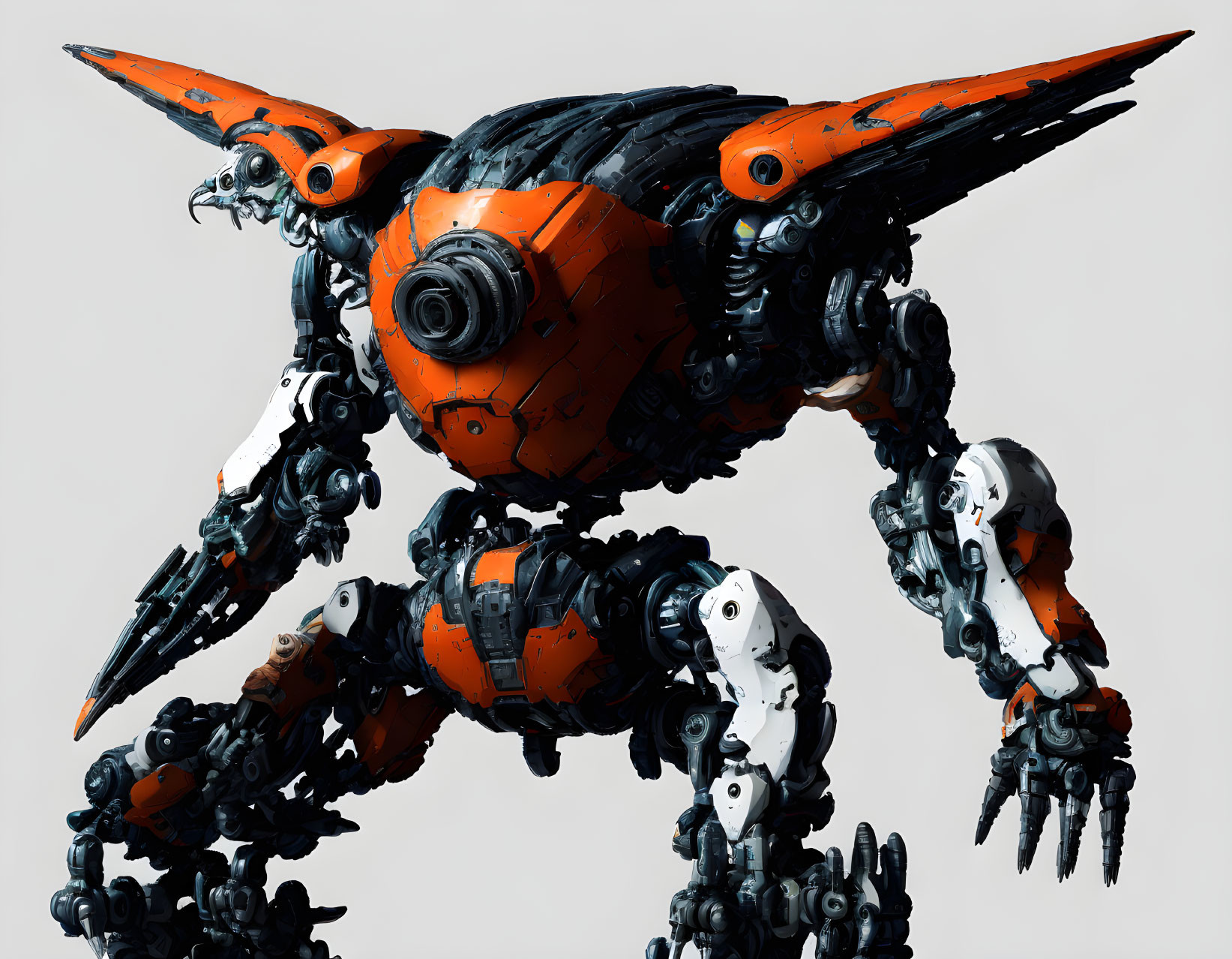 Sleek Orange and Black Robotic Bird with Intricate Details