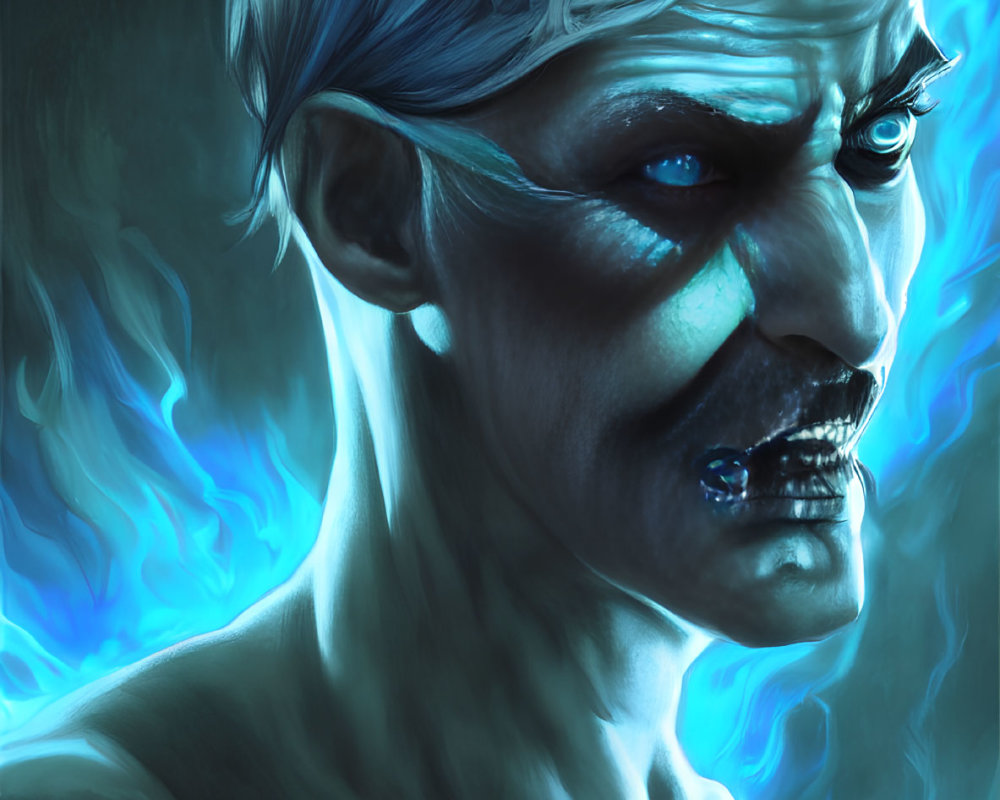 Portrait of male figure with ice-blue skin, white hair, and glowing blue eyes in blue flame.