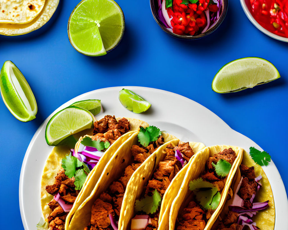 Mexican Tacos Plate with Meat and Vegetables on Blue Background