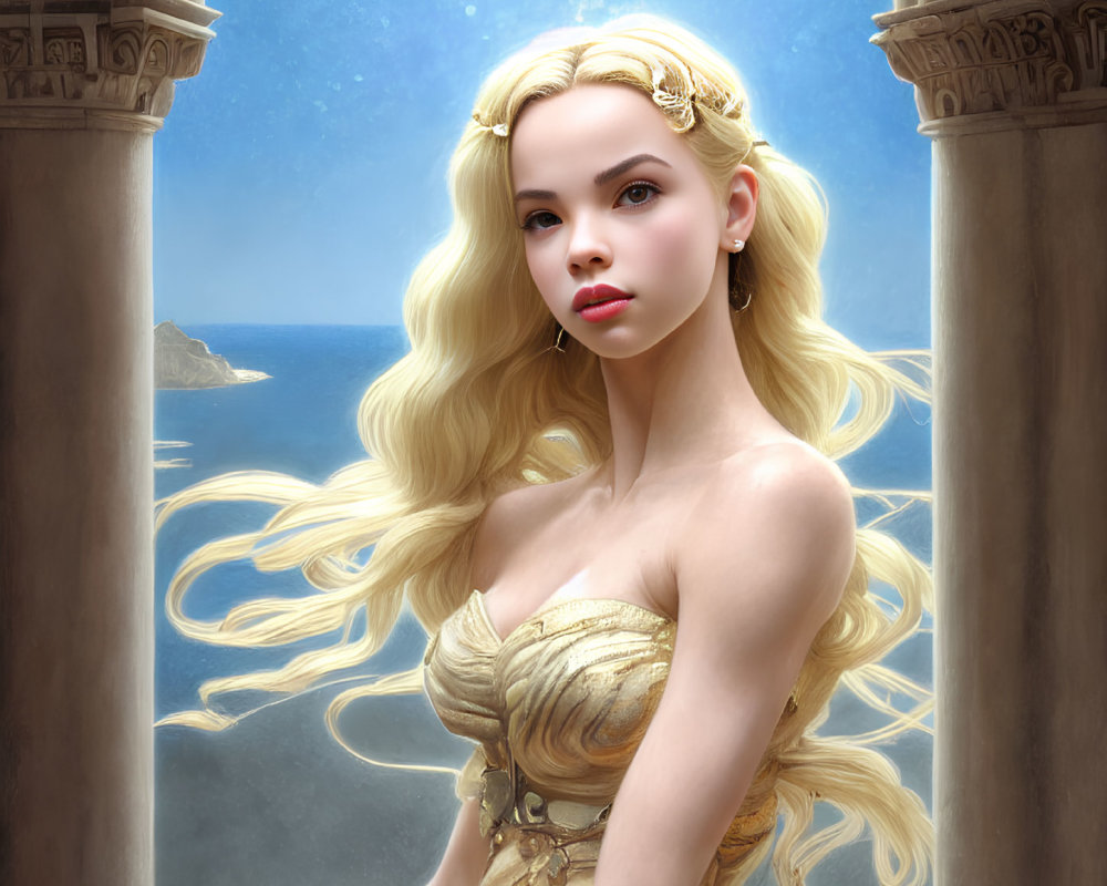 Digital Artwork: Fair-Haired Woman in Golden Dress by Stone Arch