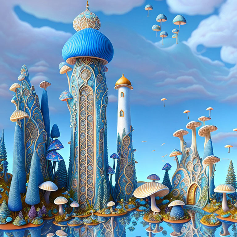 Surreal landscape with ornate towers and intricate mushrooms against blue sky