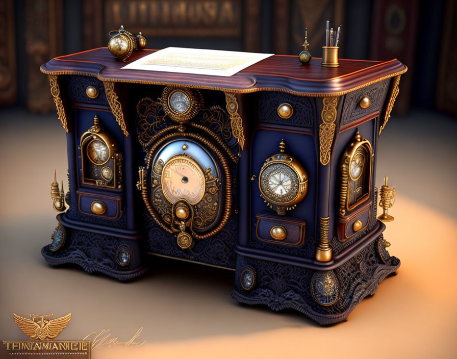 Steampunk-Inspired Writing Desk with Gears and Clocks in Vintage Room