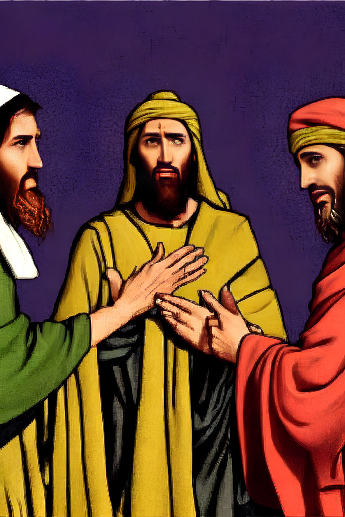 Three men in historical clothing having a serious conversation, one in a yellow robe.