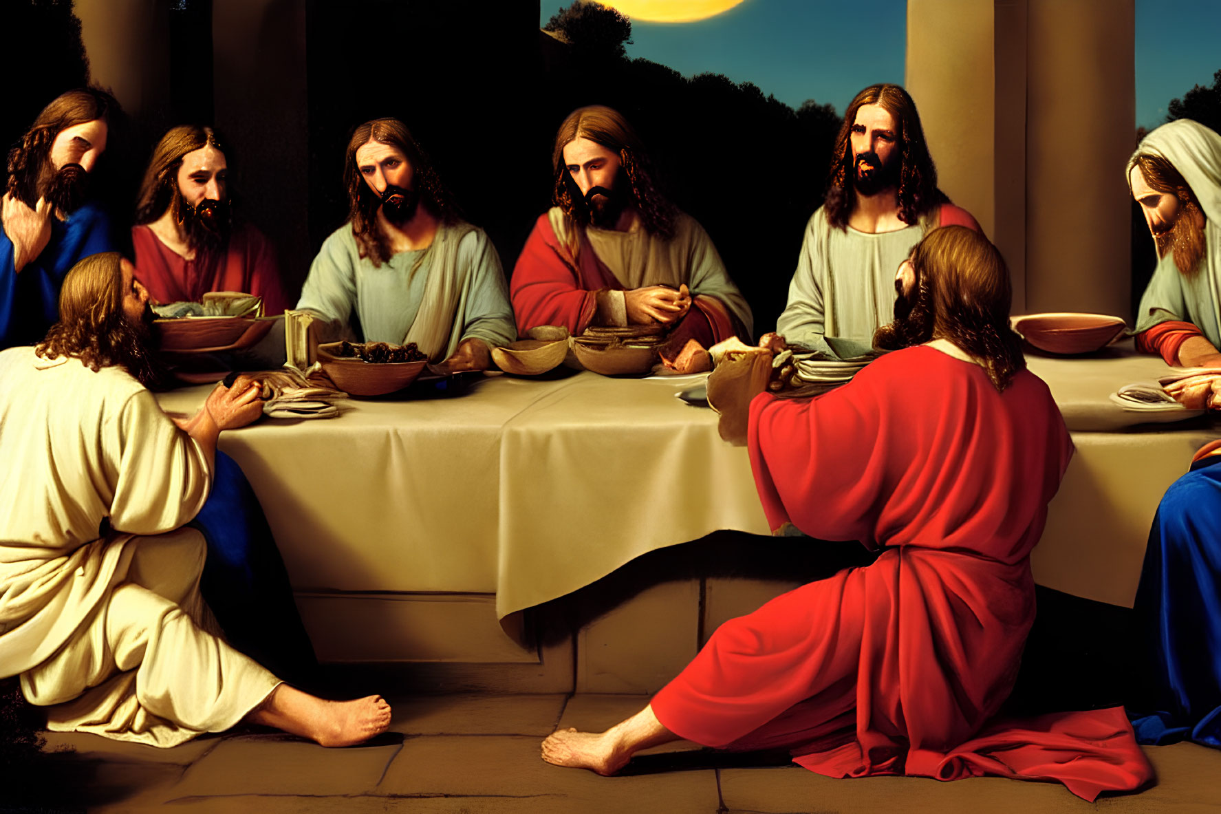 Religious painting of Last Supper scene with Jesus and twelve disciples.