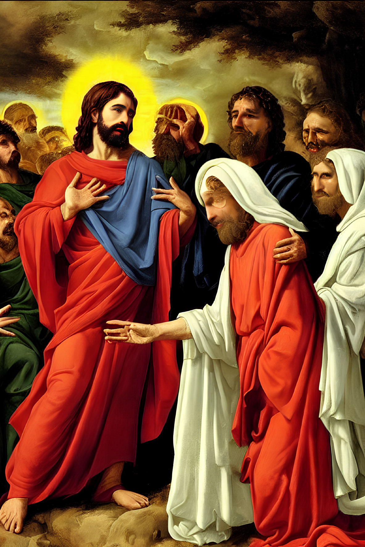 Classic Painting of Haloed Figure in Red and Blue Robes with Onlookers