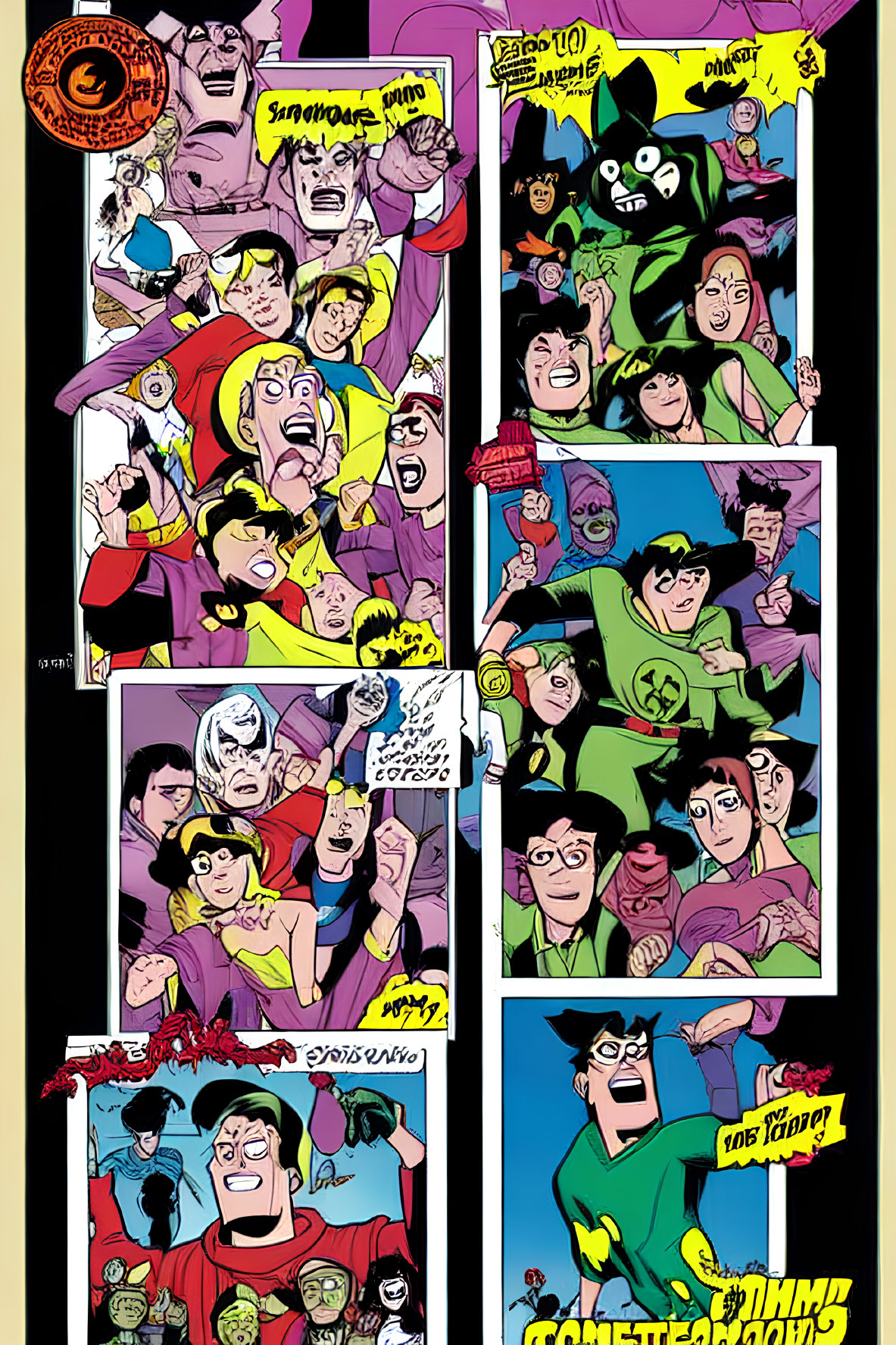 Colorful Comic Strip Page with Exaggerated Expressions and Humorous Antics
