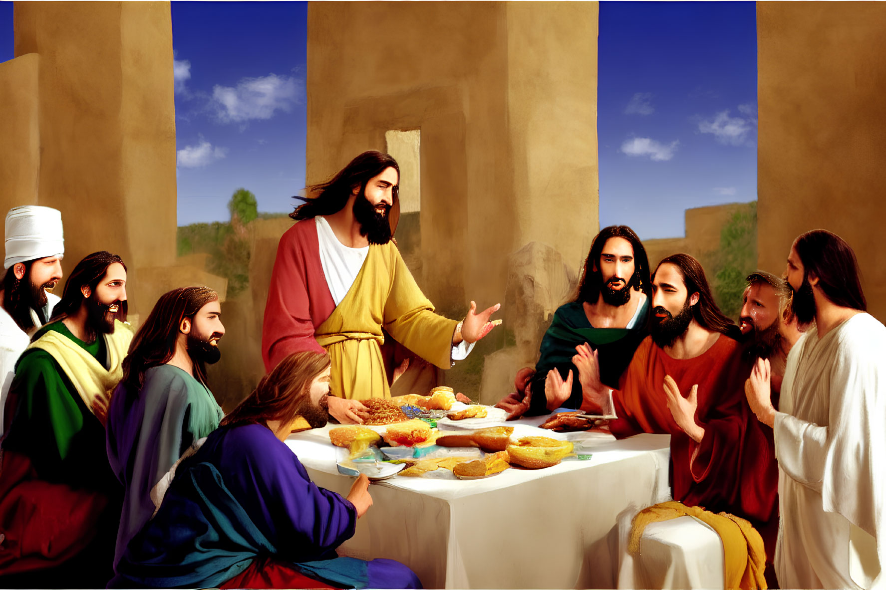 Vibrant biblical scene: Jesus and disciples share meal and conversation