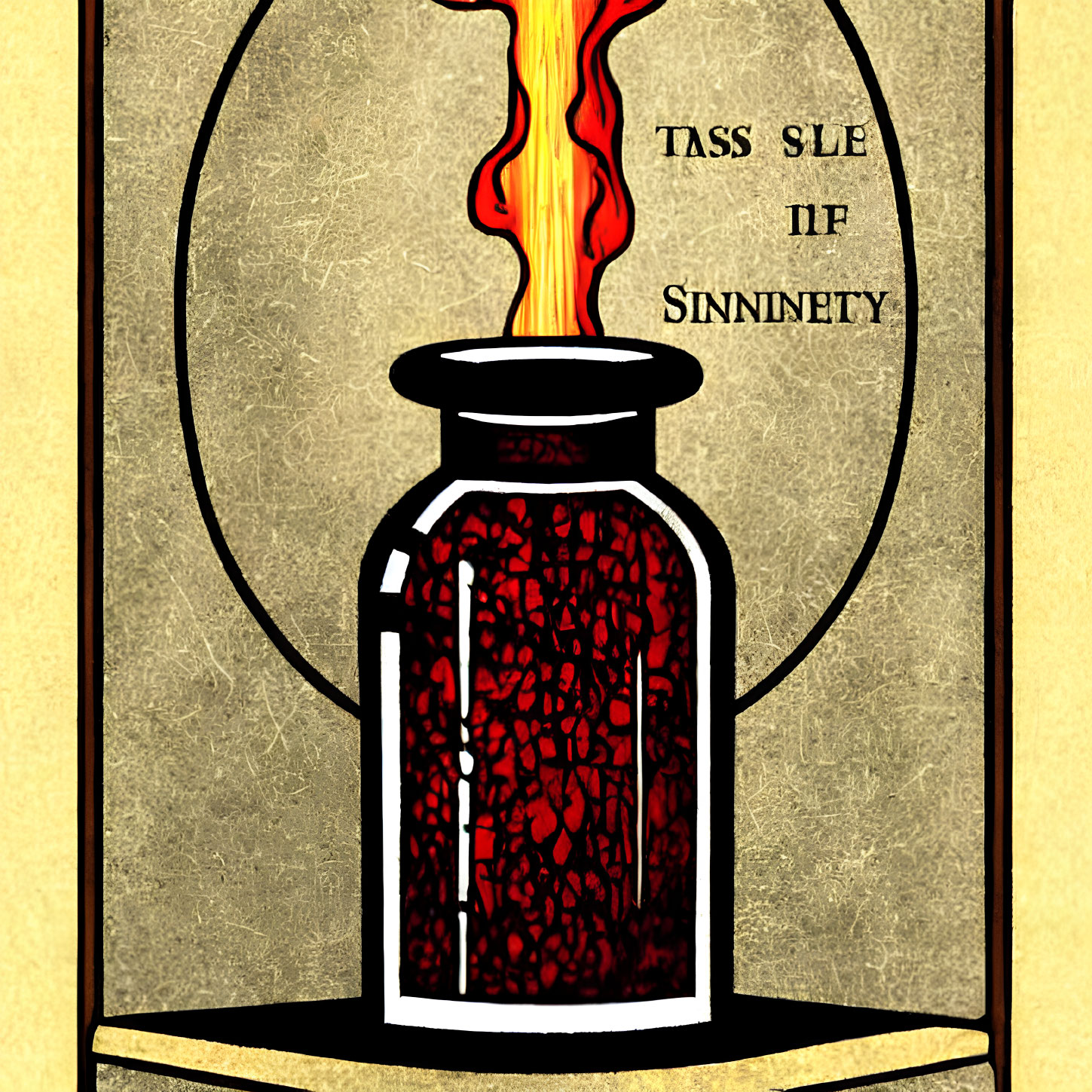 Illustration of red-filled jar with flame in golden frame.