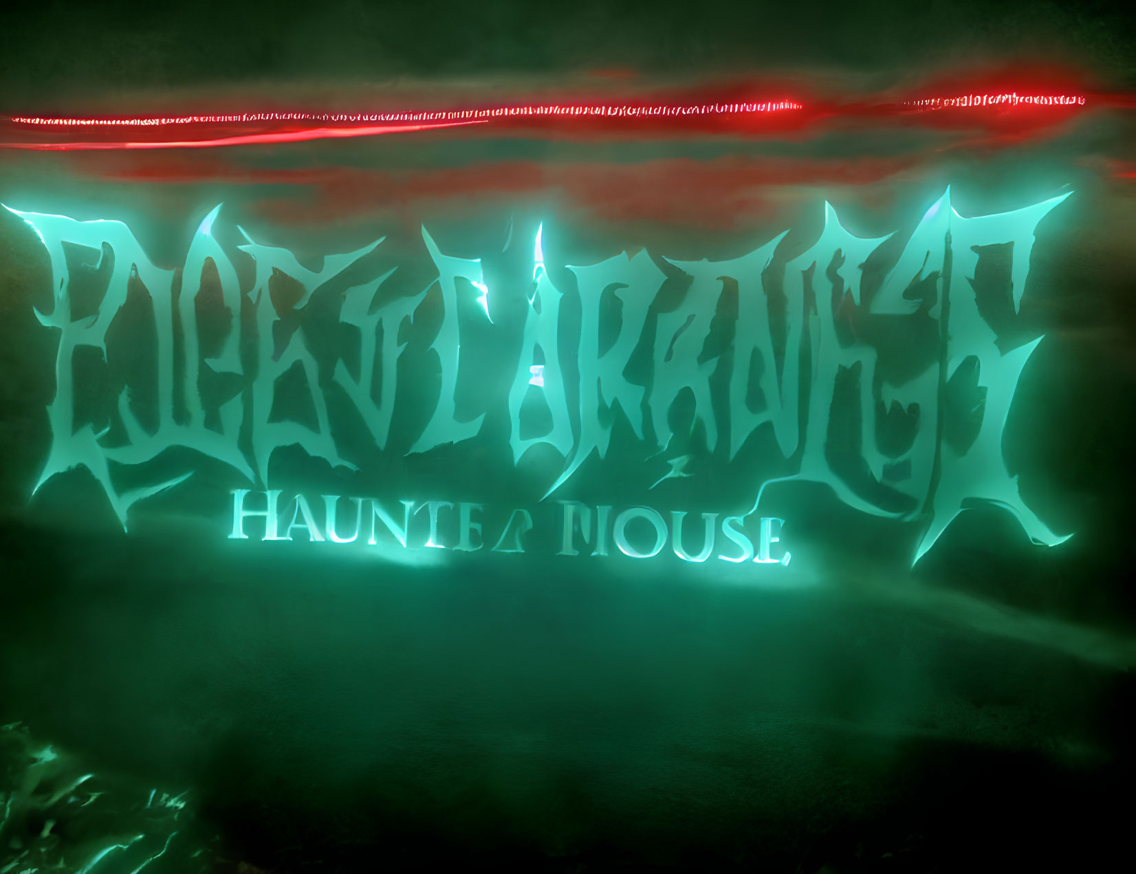 Eerie Green and Red Lighting Surrounding Stylized "Frightmare Haunted House" Sign