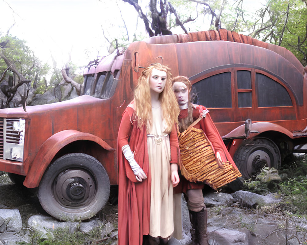 Fantasy Costumed Figures by Wooden Caravan in Forest
