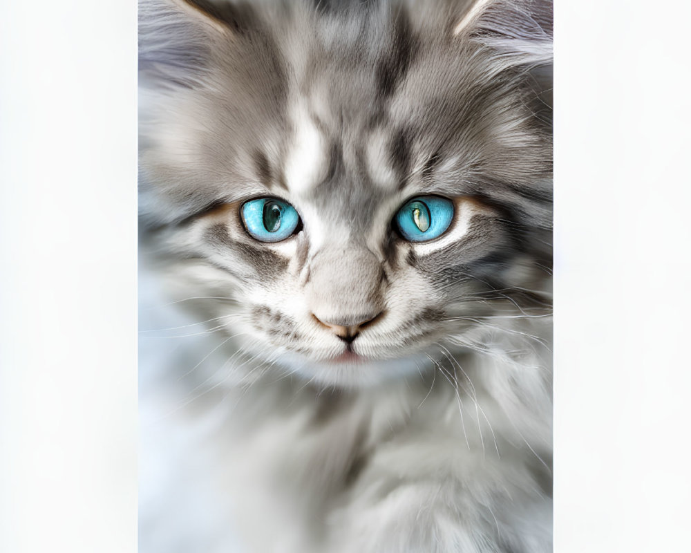 Fluffy grey and white cat with blue eyes and whiskers