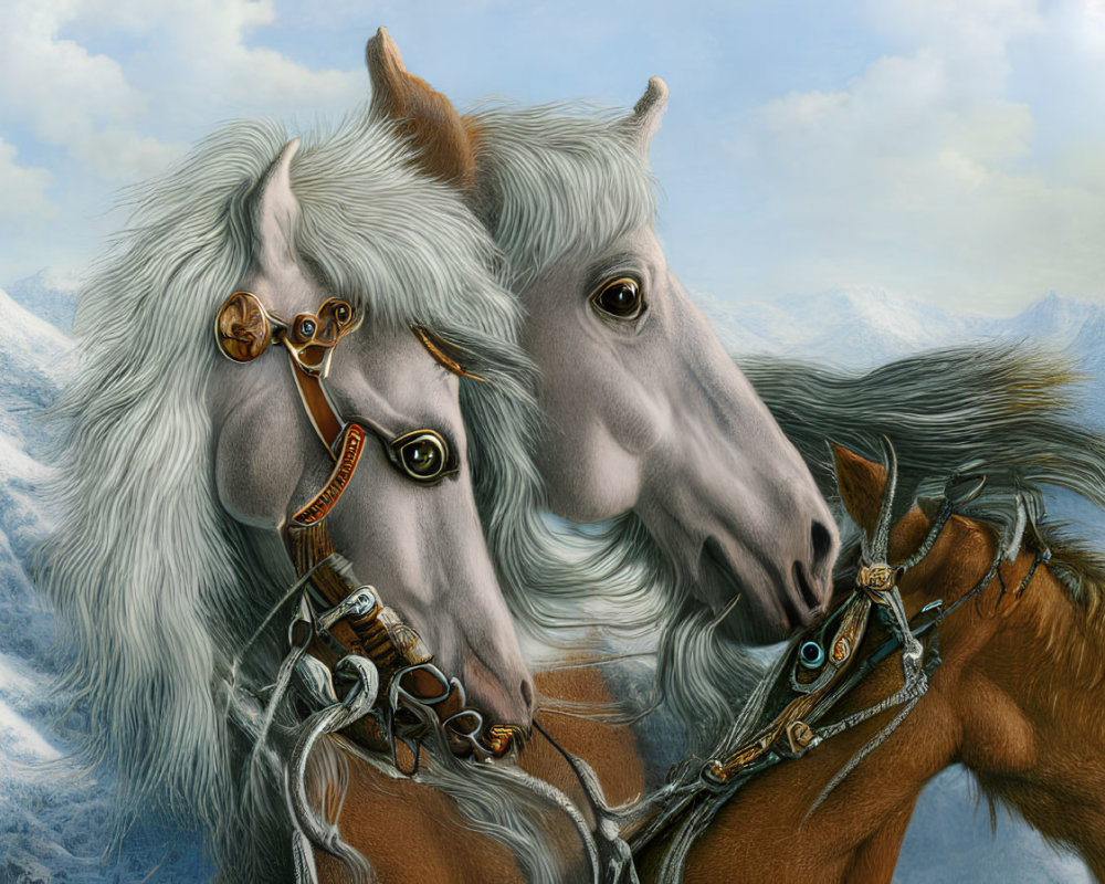 Detailed Illustration of Ornate Bridled White Horses in Serene Landscape