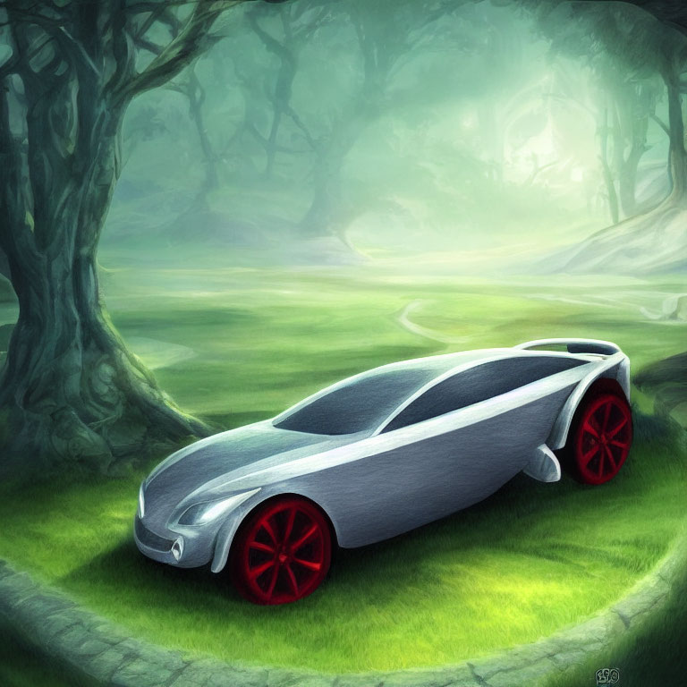 Futuristic silver car with red wheels in misty forest landscape