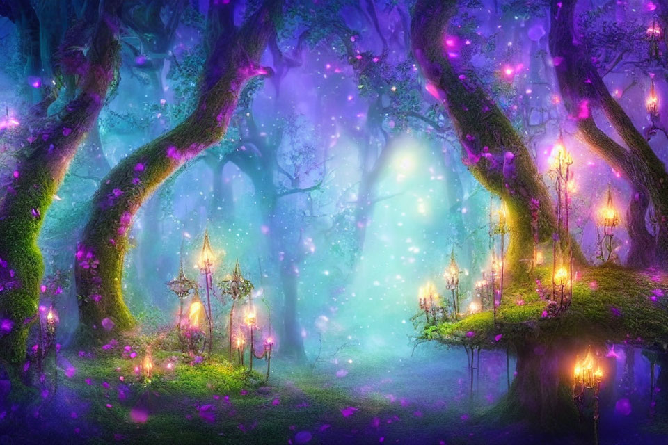 Enchanted Forest with Twisted Trees and Glowing Lanterns